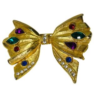 Vintage Rhinestone Bow Brooch Pin 3 X2" Gold Tone Red Green Blue